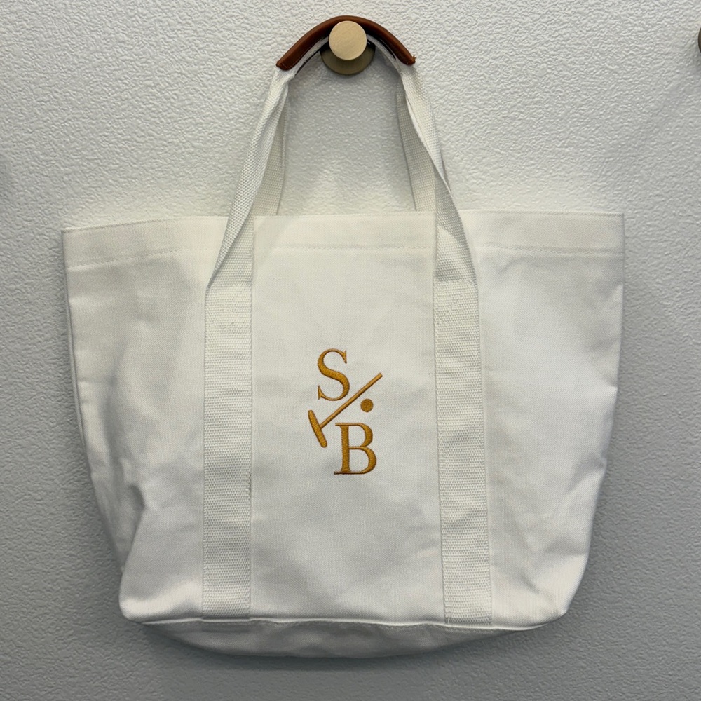 Stick & Ball Cotton Canvas White Embroidered Tote Leather Handle Grip NWOT
